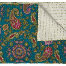 50" X 70" Green And Pink Kantha Cotton Paisley Throw Blanket With Embroidery