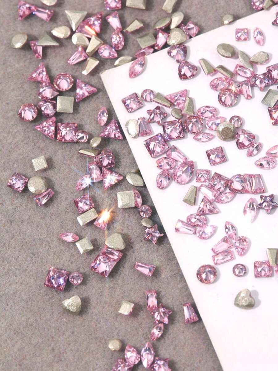 100 件迷你平底锆石美甲宝石，心形和方形水钻美甲装饰，超闪亮紫红色微锆石指甲美甲用品指甲美甲饰品 - 粉色 - 查看 1