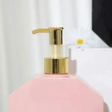1pc 300ml Polygonal Pink Bottle With Gold Pump Dispenser, Refillable Bottle For Shower Gel Back To School