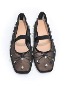 时尚女士透气黑色网眼和水钻装饰芭蕾平底鞋，优雅的夏季度假便鞋 - 黑色 - 查看 5