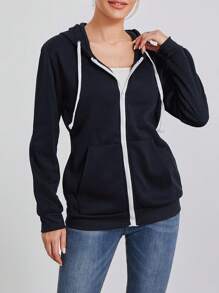 Women's Zip Up Hoodies Long Sleeve Solid Color Classic Fit Sweatshirts Jackets Streetwear Tops - Navy Blue - View 3
