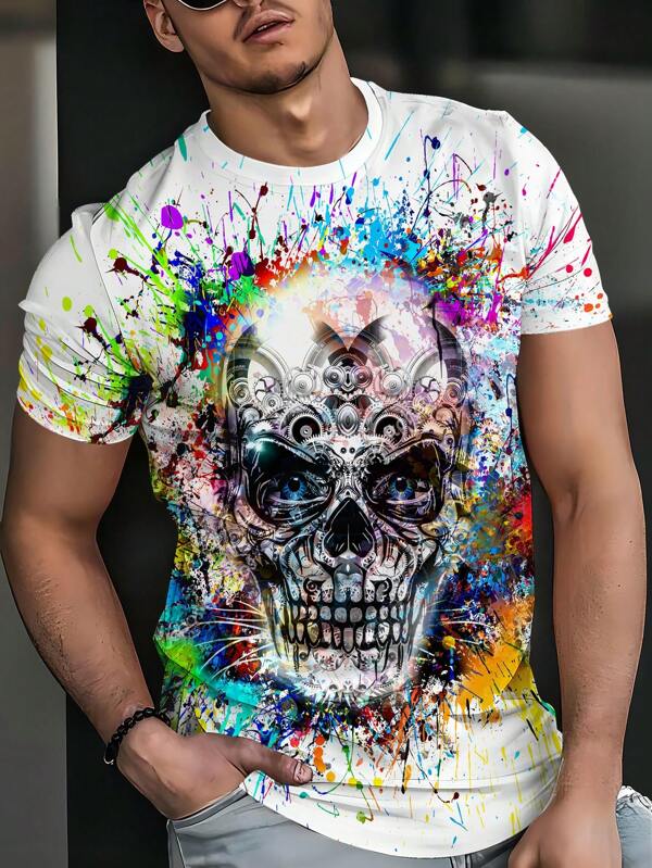 Men's 3D Hip Hop Skull Graffiti Graffiti Graphic Print T-Shirt, Short Sleeved Crew Neck T-Shirt, Summer Outdoor Men's