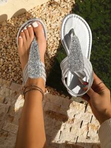 全新夏季沙滩人字凉鞋，扁平亮片和水晶装饰，防滑休闲时尚女士凉鞋 - 銀色 - 查看 6