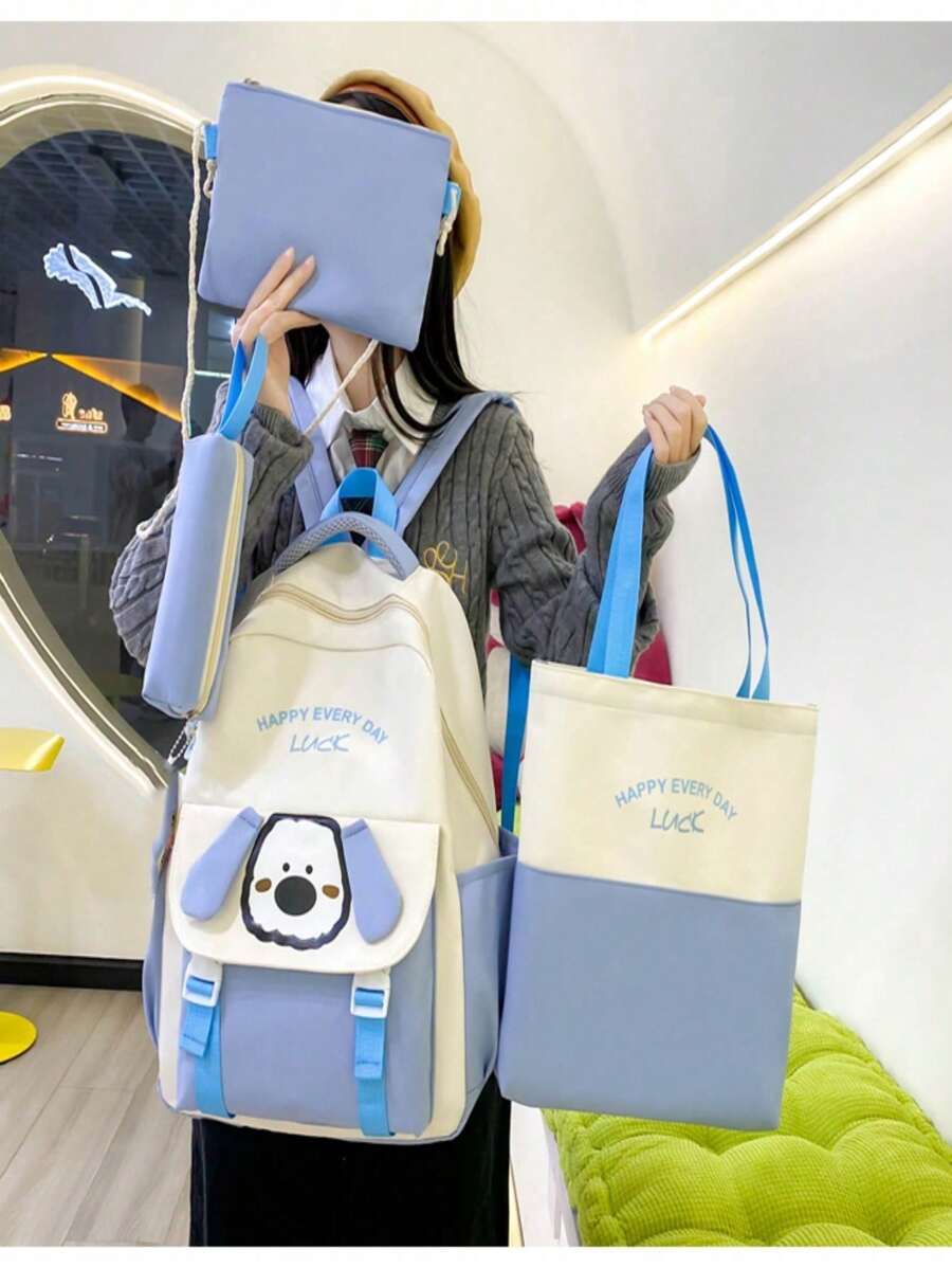 4 件轻便背包 4 件套简约可爱背包套装、书包、手提包、铅笔盒和抽绳收纳袋，适合少女、女士，适合少女、女士、大学生、新手和白领，非常适合办公室