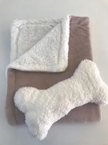Pet Sherpa Blanket + Bone-Shaped Pillow Kit - Beige - View 2