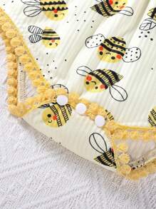 2pcs/Set Infant Baby Girl Ribbed Yellow Bee Print Sleeveless Bodysuit Outfit - Yellow - View 4