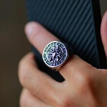 1 pezzo Anello vintage in acciaio inossidabile placcato in oro 18 carati con l'arcangelo San Michele protettore, anello in acciaio inossidabile impermeabile per uomo