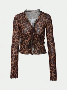 Top sexy de mujer tipo body con estampado de leopardo transparente, tipo cárdigan con cordones y manga larga, Y2K para mujer