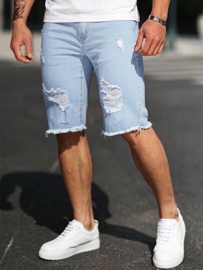 Shorts vaqueros casuales para hombre con dobladillo elástico y rasgados
