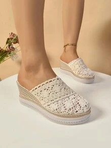 Women's Platform Wedge Sandals, Summer Faux Straw Hollow Woven Slide Slipper, Casual Fashionable Closed Toe Sandals