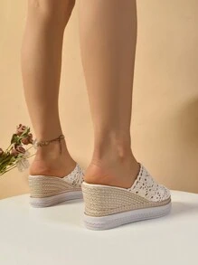 Women's Platform Wedge Sandals, Summer Faux Straw Hollow Woven Slide Slipper, Casual Fashionable Closed Toe Sandals