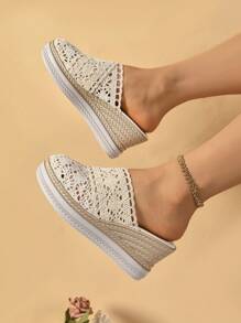 Women's Platform Wedge Sandals, Summer Faux Straw Hollow Woven Slide Slipper, Casual Fashionable Closed Toe Sandals