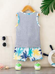 2pcs Baby Boys Vacation Style Vest Top And Plaid Shorts Set, Casual And Fashionable For Spring And Summer