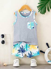 2pcs Baby Boys Vacation Style Vest Top And Plaid Shorts Set, Casual And Fashionable For Spring And Summer