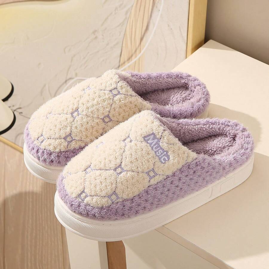 厚底仿毛拖鞋，男女通用冬季室内家居一脚蹬保暖防滑鞋，无踩屎感，情侣款 - 紫色 - 查看 1