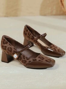 Damen Mode Leoparden Muster Mary Jane High Heels, Kunstperlen Riemen Quadratische Zehen Block Absatz Büro Pumps für Frühling/Sommer