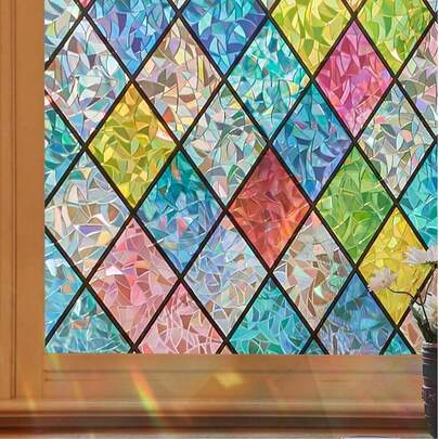 1 Roll Window Privacy Film Stained Glass Window Clings 3D Rainbow Window Film For Glass Door Decorative Colorful Lattice Window Glass Stickers Static Cling Sun Blocking Window Coverings For Home Gifts Birthday Graduation