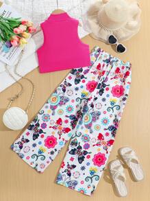 2pcs Set Tween Girl Fashion Fuchsia Mock Neck Sleeveless Crop Top And Ditsy Floral Long Pants Outfit, Spring & Summer 2025 - Hot Pink - View 3