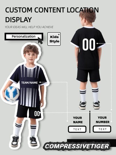 2pcs/Set Personalized Football Jersey For Toddler Boys - Customizable Name & Number Print Striped Decor Short Sleeve T-Shirt + Shorts Set, Quick-Dry Sports Outfit, Suitable As Gift
