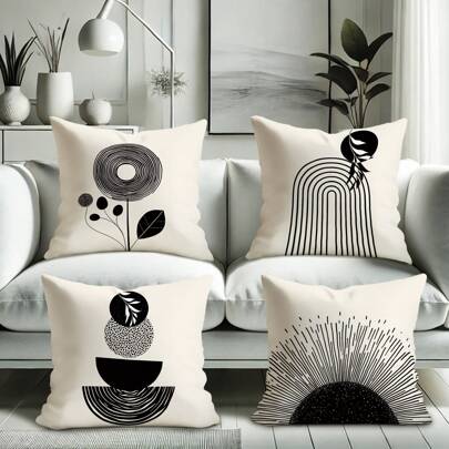 4 fundas de cojín decorativas de terciopelo con estampado geométrico abstracto en blanco y negro, suaves y acogedoras, impresión unilateral para decoración de sala de estar, dormitorio, sofá y cama, sin relleno
