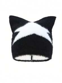 1pc Men's New Cute Street-Style Pentagram Embroidery Fluffy Cat Ear Knitted Beanie Hat, Warm Ear Protection, Autumn