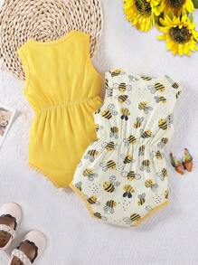 2pcs/Set Infant Baby Girl Ribbed Yellow Bee Print Sleeveless Bodysuit Outfit - Yellow - View 2