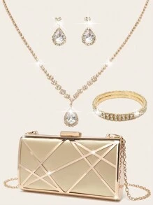 4 件套女士水晶首饰钻石首饰套装婚礼闪亮晚宴手提包闪亮项链手链新娘和伴娘吊坠耳环女士晚宴手提包优雅高端手提包精致缎面金属镂空手提包婚礼舞会派对手提包