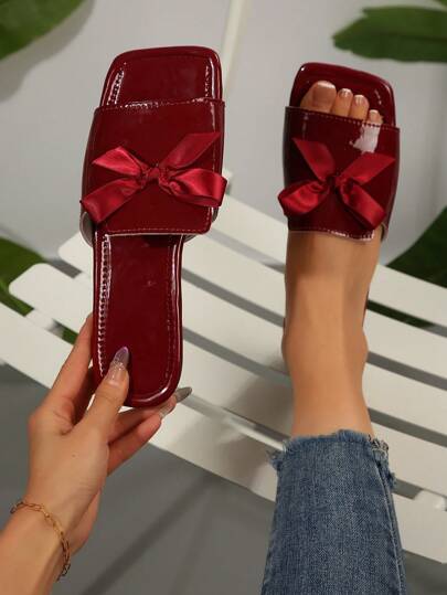 2025 Women's Summer New Open Toe Bowknot Hollow Slip On Sandals, Solid Color Casual Sandals