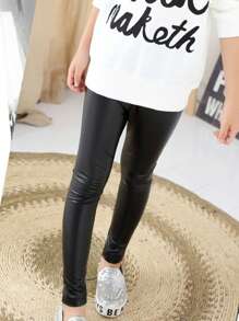 1pc New High Waist PU Leather Leggings, Slimming Skinny Fit For Plus Size, Stretchy - Black - View 6