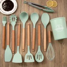 12pcs/Set Wooden Handle Silicone Kitchenware Set, Non-Stick Cooking Utensils Spatulas And Spoons, Heat-Resistant Silicone