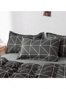 4件套条纹印花床上用品套装，包括1张床单+1个被套+2个枕套，不含枕芯或被芯，亲肤柔软舒适，线条简洁 - 黑色 - 查看 5