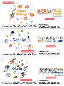 1pc Personalized Name Astronaut Wall Sticker For Boys Bedroom, Cartoon Spaceman Alien Planets Creative Removable Wall Decal, Star Spaceship Wallpaper Decoration For Kids Room, Nursery Gifts Birthday Graduation