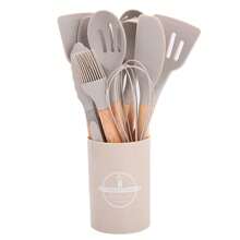 12pcs/Set Wooden Handle Silicone Kitchenware Set, Non-Stick Cooking Utensils Spatulas And Spoons, Heat-Resistant Silicone