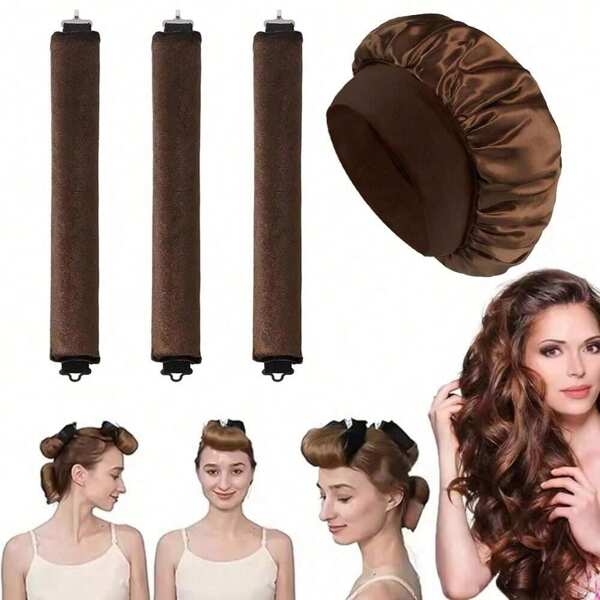4 Pcs Hair Curling Set: 1 Satin Brim Hat + 3 No-Heat Hair Curling Rods. Classic Solid Color Elastic Soft Sleep Cap, Shower Cap, Faux Silk Women's Hair Turban With Elastic Band. Protective Hairstyle For Overnight Waves, Suitable For All Hair Types, Unisex. Back To School Hair 