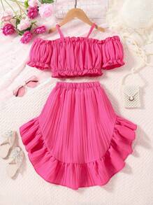 2pcs/Set Young Girl Ruffle Puff Sleeve Top + High Waist Ruffle Hem Skirt, Vacation Style, Sweet & Flattering, Suitable For 4-7 Years Old Girls, Spring/Summer - Hot Pink - View 2