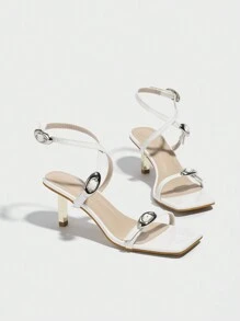 Women's Slim Strap Peep-Toe High Heel Sandals, Metal Sexy Ankle Strap Square Toe Buckle Closure - White - View 5
