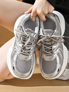 Women's Waist Cinching Patchwork Multi-Function Athletic Chunky Sneakers, Mesh Breathable Round Toe Thick Sole Lace-Up Wedge Heel Casual Shoes, Rubber Outsole Non-Slip Lightweight Versatile Running Shoes, Daily Wear White Sneakers, White/Silver - Silver - View 2
