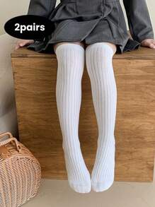 2 Pairs Kids Socks With Stripe Pattern, Seamless Long Tube Design, Suitable For 3-12 Years Old Boys & Girls, Great For Daily Wear And School Use