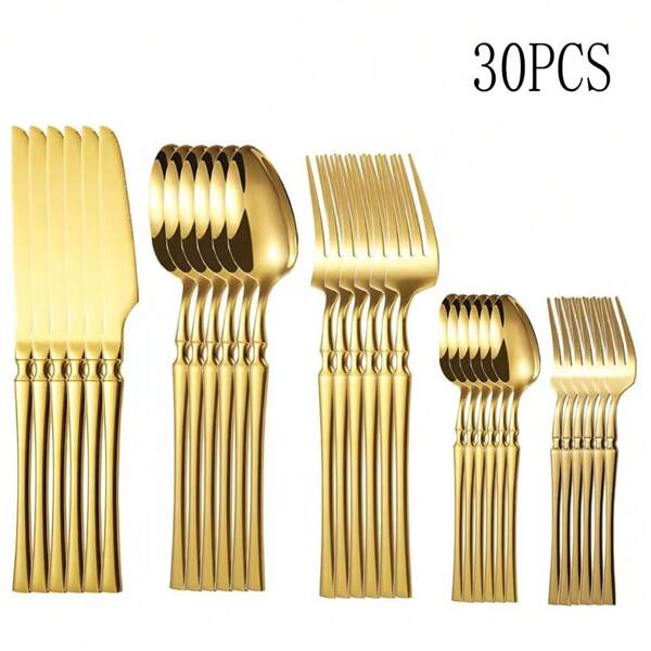 30 pezzi Set di posate in acciaio inossidabile - lucidato a specchio, include coltelli, forchette, cucchiai, forchette da dessert e da frutta per uso domestico, feste, matrimoni e forniture scolastiche