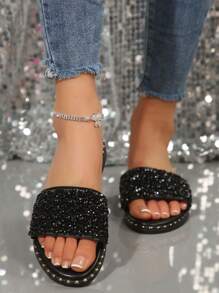 Mules mode femme, style français chic coréen décontracté polyvalent 2025 nouveau style UE/US, décoration de perles et strass plate, sandales de plage de vacances, tenues printemps été - Noir - Voir 3