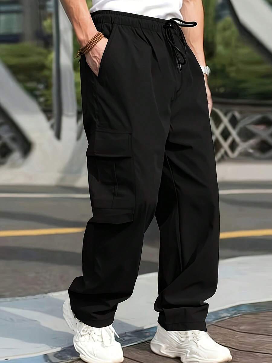 Men's Cargo Belt Pocket Hiking Pants Casual Sports Jogging Outdoor Pants Loose Version - 黑色 - 查看 1