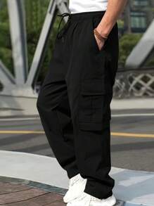 Men's Cargo Belt Pocket Hiking Pants Casual Sports Jogging Outdoor Pants Loose Version - 黑色 - 查看 3