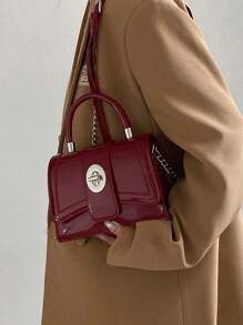 1 chiếc túi da PU, túi vuông nhỏ tối giản có khóa cài, túi có cấu trúc, túi xách nhỏ màu đỏ rượu vang sơn mài, túi dây xích, túi xách tay/túi đeo vai/túi đeo chéo. - Màu Đỏ Sâu - Xem 7