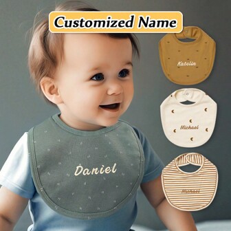 [Customized Item] 1pc Personalized Printed Baby Bib, Snap Button Soft Absorbent Baby Drool Bib, Children Feeding Bib, Breathable Skin-Friendly, Strong Absorbency, Exclusive Customized Embroidered Name, Newborn Gift, Christmas, Halloween, New Year Gift