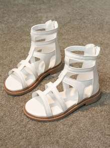 1 Pair Girls Fashion High-Top Zipper Back Non-Slip Soft Bottom Roman Style Children Summer Sandals, Suitable For Daily Wear And Outdoor Travel - White - View 4