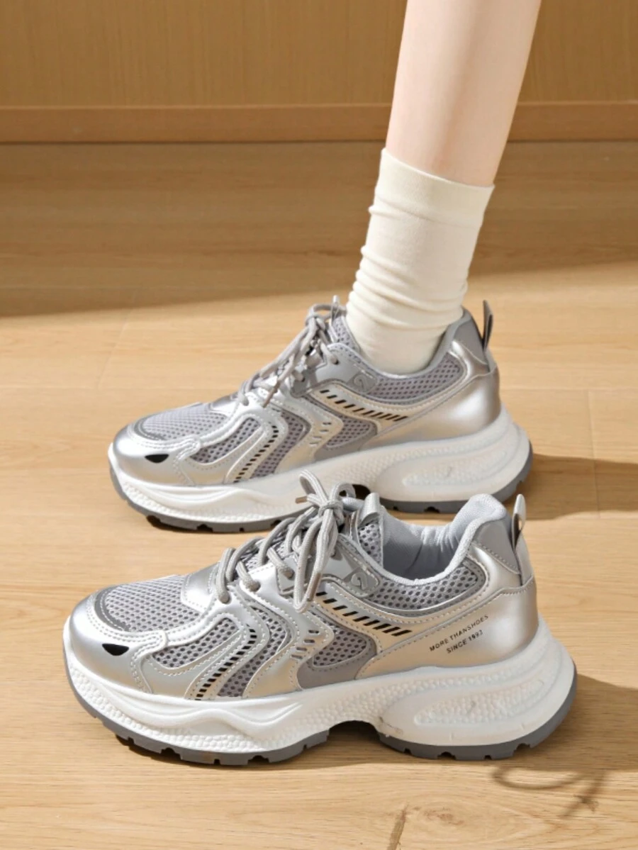 Women's Waist Cinching Patchwork Multi-Function Athletic Chunky Sneakers, Mesh Breathable Round Toe Thick Sole Lace-Up Wedge Heel Casual Shoes, Rubber Outsole Non-Slip Lightweight Versatile Running Shoes, Daily Wear White Sneakers, White/Silver - Silver - View 1