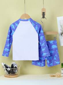 全新幼儿男童泳衣套装，可爱恐龙印花长袖和短裤 - 彩色 - 查看 2