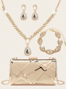 4 件套女士水晶首饰钻石首饰套装婚礼闪亮晚宴手提包闪亮项链手链新娘和伴娘吊坠耳环女士晚宴手提包优雅高端手提包精致缎面金属镂空手提包婚礼舞会派对手提包