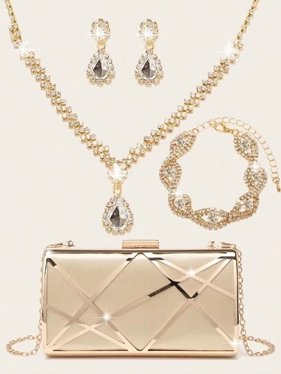 4-Piece Women's Crystal Jewelry Diamond Jewelry Set Wedding Sparkling Evening Handbag Sparkling Necklace Bracelet Bride And Bridesmaid Pendant Earrings Women's Evening Handbag Elegant High-End Handbag Exquisite Satin Metal Hollow Handbag Wedding Ball Party Handbag