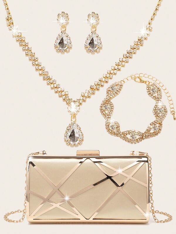 Conjunto de joyas de 4 piezas para mujer con cristales y diamantes, juego de joyas de boda brillante para la noche: collar, pulsera, pendientes y bolso de noche elegante y de gama alta para novia y damas de honor, bolso de satén metálico hueco para boda y fiesta